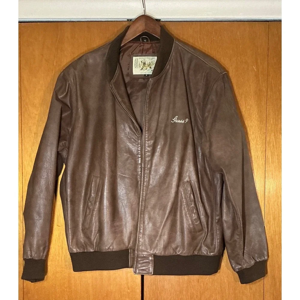 Vintage Guess Mens Brown Leather Bomber Jacket Georges Marciano Outerwear Size M